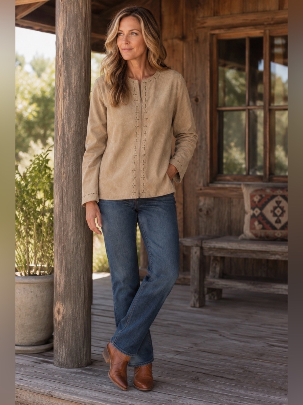 Cabela’s Tan Genuine Leather Zip Jacket Cutout Stud Detail Women’s Medium
